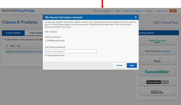Welcome link to change Pearson password